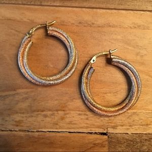 Pure 14k Gold Sparkling Tricolor Hoop Earrings